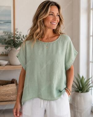 GRAND Greece 100% Linen Top Women’s Medium Mint Green Oversized Made in Greece